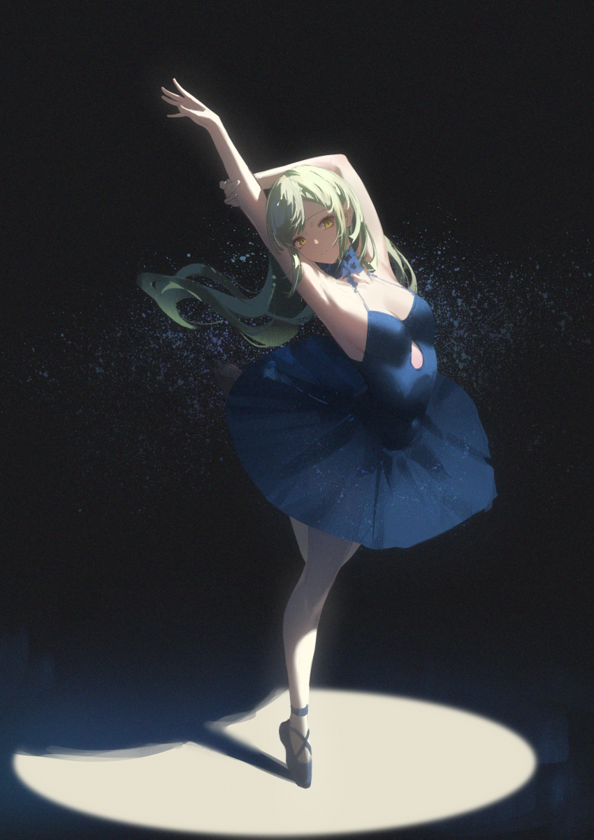 1girl :| absurdres airool arched_back arm_behind_head armpits arms_up ballerina ballet ballet_slippers bang_dream! bang_dream!_it&#039;s_mygo!!!!! bare_shoulders black_background blue_collar blue_dress blue_slippers breasts chinese_commentary cleavage closed_mouth clothing_cutout collar collarbone commentary_request dress en_pointe floating_hair full_body green_hair hand_on_own_elbow highres leg_up long_hair outstretched_arm pantyhose parted_bangs shadow sideways_glance sleeveless sleeveless_dress slippers solo spaghetti_strap spotlight standing standing_on_one_leg tutu wakaba_mutsumi white_pantyhose yellow_eyes