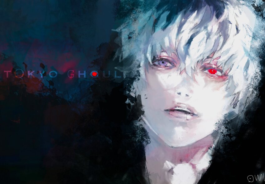 1boy black_background blue_background close-up english_text gradient_background gradient_hair head_only heterochromia highres kaneki_ken lips multicolored_hair original partially_shaded_face red_eyes sasaki_haise shadow short_hair solo teeth tokyo_ghoul tokyo_ghoul:re two-tone_hair white_hair xa8uofivf2mcart
