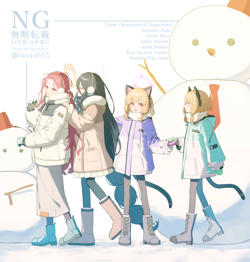 4girls ^_^ absurdres alternate_costume animal_ear_headphones animal_ears aris_(blue_archive) artist_name black_hair black_pantyhose blonde_hair blue_archive boots cat_ear_headphones closed_eyes coat commentary_request earmuffs fake_animal_ears full_body fur-trimmed_coat fur_trim game_development_department_(blue_archive) halo headphones highres hood hooded_jacket isana615 jacket knee_boots long_hair midori_(blue_archive) momoi_(blue_archive) multiple_girls padded_jacket pantyhose red_hair siblings sisters snowman twins twitter_username very_long_hair watermark yuzu_(blue_archive)