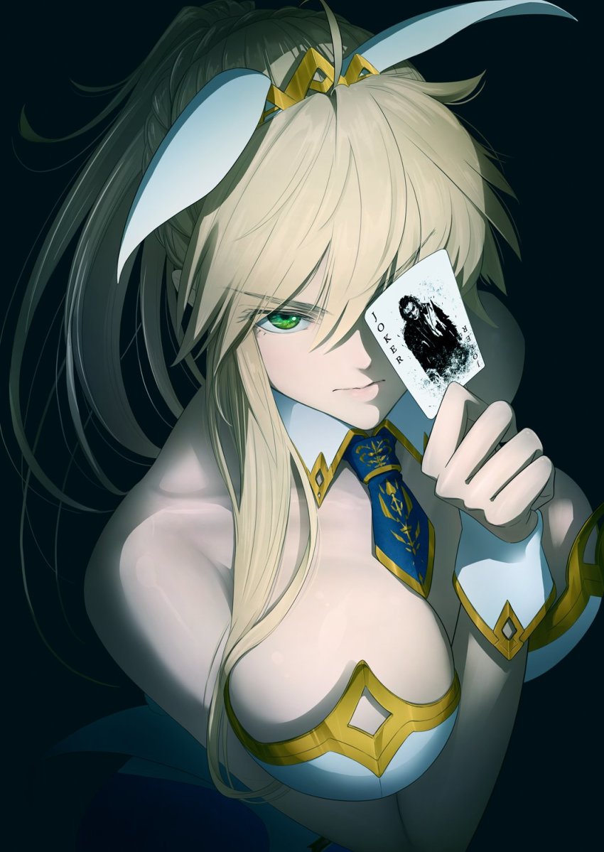 1girl animal_ears artoria_pendragon_(fate) artoria_pendragon_(swimsuit_ruler)_(fate) artoria_pendragon_(swimsuit_ruler)_(first_ascension)_(fate) batman_(series) blonde_hair breasts card cleavage clown commentary_request dc_comics detached_collar fake_animal_ears fate/grand_order fate_(series) female_focus from_above green_eyes hair_between_eyes hairband heath_ledger highres imizu_(nitro_unknown) large_breasts leotard long_hair looking_at_viewer necktie playboy_bunny playing_card ponytail rabbit_ears shadow sidelocks solo the_dark_knight the_joker upper_body wrist_cuffs