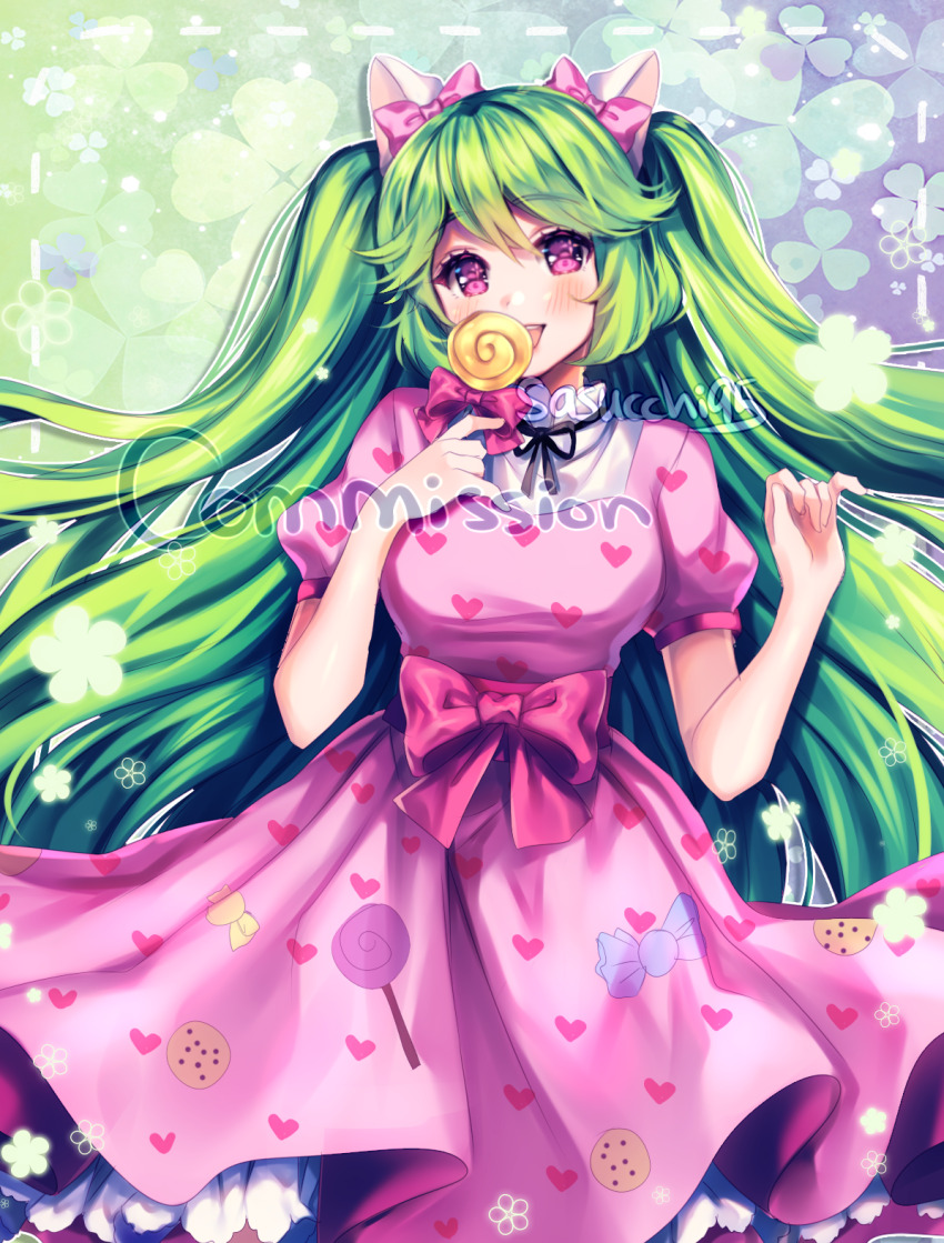 1girl :d animal_ears artist_name black_choker black_ribbon blush bow breasts candy cat_ears choker clover_print commentary commission dress eating english_commentary fake_animal_ears food food_print green_background hair_bow hand_on_own_chest hands_up heart heart_print highres holding holding_candy holding_food holding_lollipop inset_border lollipop long_hair looking_at_viewer medium_breasts open_mouth original petticoat pink_bow pink_dress pink_eyes puffy_short_sleeves puffy_sleeves purple_background raised_eyebrows ribbon ribbon_choker sasucchi95 saturated shirt short_sleeves simple_background smile solo swirl_lollipop teeth tongue tongue_out two_side_up upper_body upper_teeth_only very_long_hair watermark white_shirt