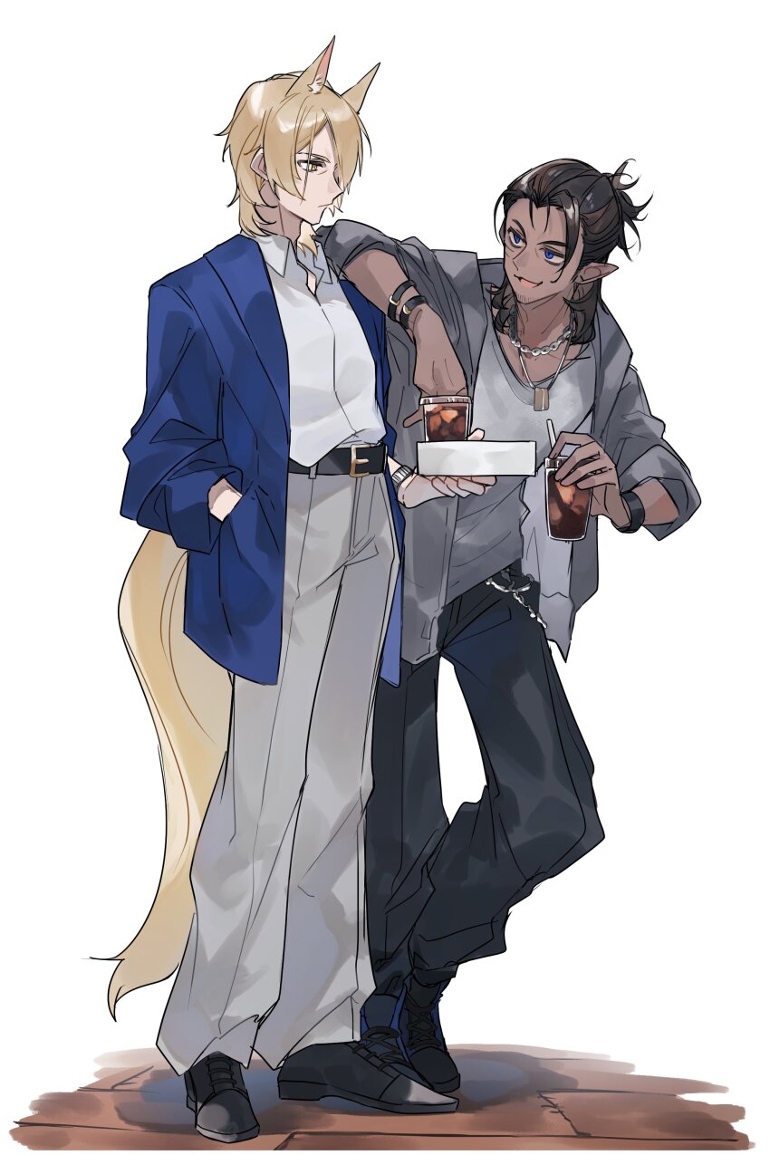 2boys absurdres alternate_costume animal_ears arknights arm_on_another&#039;s_shoulder belt belt_buckle black_hair black_pants black_shoes blonde_hair blue_eyes blue_jacket buckle chain chain_necklace contrapposto cup dark-skinned_male dark_skin dress_shirt drink drinking_straw expressionless extra_ears full_body grey_eyes grey_pants grey_shirt hands_in_pockets highres holding holding_cup holding_drink horse_boy horse_ears horse_tail jacket jewelry looking_at_viewer male_focus mlynar_(arknights) multiple_boys necklace pants parted_bangs partially_unbuttoned pendant pointy_ears ponytail profile shirt shoes short_ponytail simple_background sleeves_pushed_up smile sneakers suit_jacket t-shirt tail toland_(arknights) watch white_background white_shirt wristwatch yakota_(usuk-yako) yellow_tail