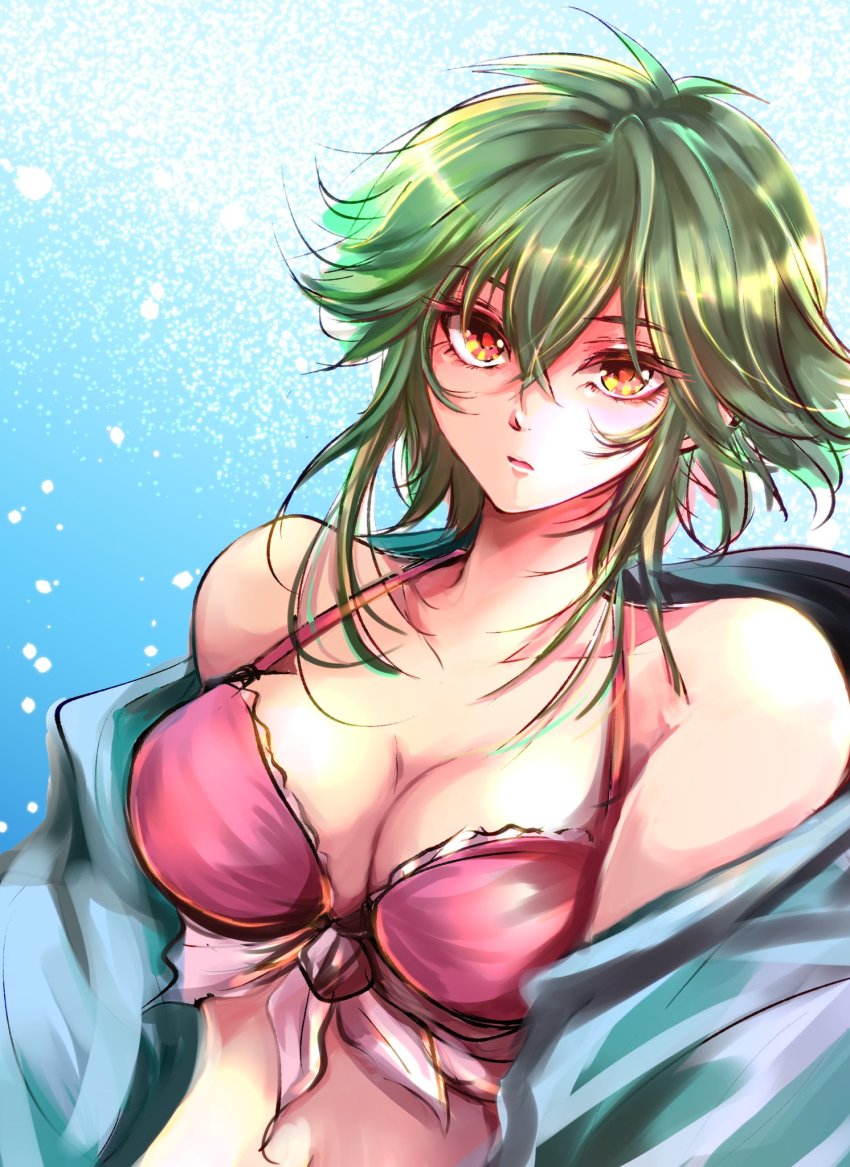 1girl any813 asellus_(saga_frontier) breasts cleavage green_hair highres large_breasts looking_at_viewer medium_hair open_mouth saga saga_frontier solo swimsuit upper_body yellow_eyes