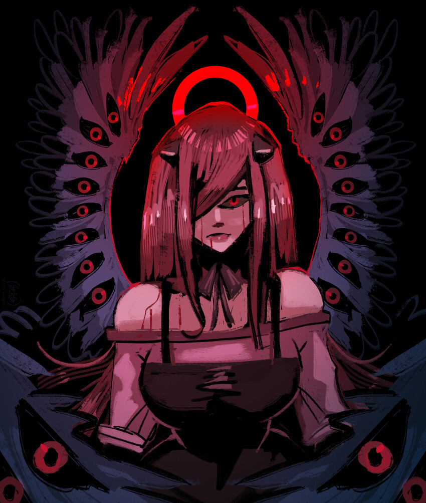 1girl alternate_design angel biblically_accurate_angel black_background black_ribbon breasts dress elfen_lied eyes_in_wings halo highres horns long_hair looking_at_viewer lucy_(elfen_lied) medium_breasts misterfeelgood one_eye_covered pink_hair red_eyes red_halo ribbon shirt solo the_bible too_many_eyes very_long_hair wings