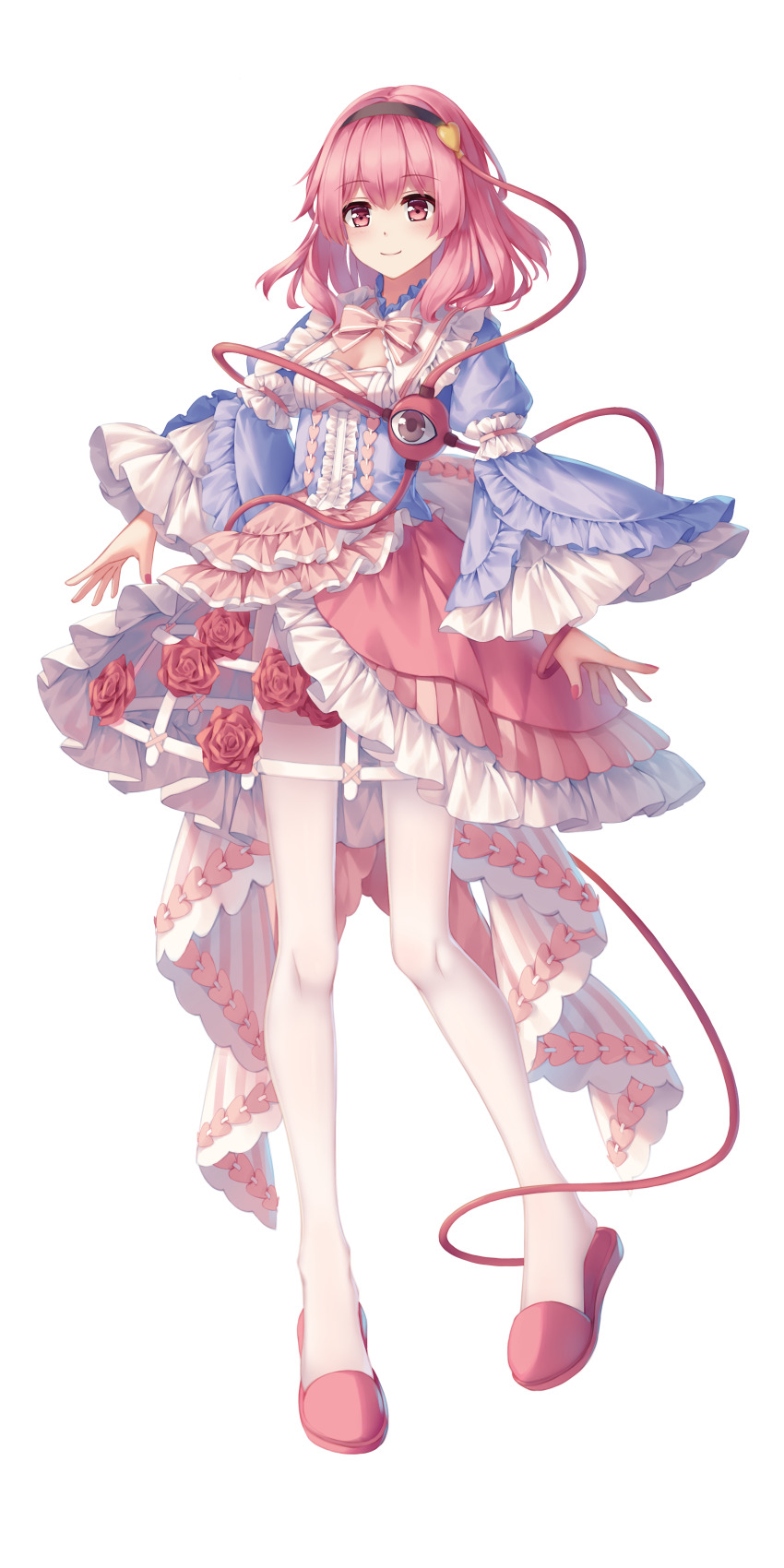 1girl absurdres black_hairband blue_shirt blush bow bowtie breasts cleavage closed_mouth commentary_request fingernails flower frilled_shirt_collar frilled_skirt frilled_sleeves frills full_body hair_ornament hairband heart heart_hair_ornament highres komeiji_satori long_sleeves looking_at_another looking_at_viewer mechrailgun medium_hair nail_polish pantyhose pink_bow pink_bowtie pink_eyes pink_flower pink_hair pink_nails pink_rose pink_skirt pink_slippers red_eyes rose shirt skirt sleeve_garter slippers small_breasts smile solo third_eye touhou white_pantyhose wide_sleeves