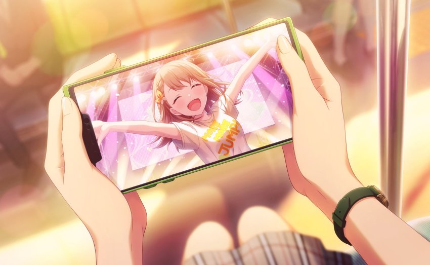 1boy 3girls ^_^ arms_up bare_arms blurry blurry_background bow braid breasts brown_footwear brown_hair brown_skirt cellphone closed_eyes clothes_writing colorful_palette confetti denim dot_nose dutch_angle evening facing_viewer fake_phone_screenshot fake_screenshot fingernails floor hair_bow hanasato_minori happy head_out_of_frame highres holding holding_phone jeans knees_together_feet_apart lens_flare loafers long_sleeves medium_hair multiple_girls official_art open_mouth orange_bow out_of_frame outstretched_arms pants phone plaid_clothes plaid_skirt pleated_skirt pole pov pov_hands project_sekai rafters seat shadow shirt shoes short_sleeves sitting skirt small_breasts smartphone solo_focus stage stage_lights sunlight swept_bangs t-shirt todoke!_hopeful_stage_(project_sekai) train_interior two-tone_bow v_arms watch white_bow white_shirt wristwatch