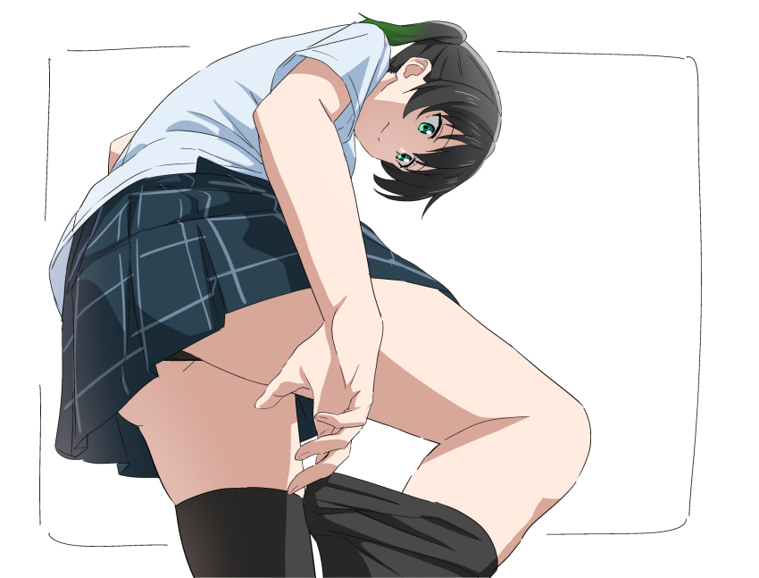 1girl ass black_thighhighs from_below green_eyes hatenoga highres looking_down love_live! love_live!_nijigasaki_high_school_idol_club medium_hair multicolored_hair nijigasaki_school_uniform panties pantyshot putting_on_footwear school_uniform smile takasaki_yu thighhighs thighs twintails underwear zettai_ryouiki