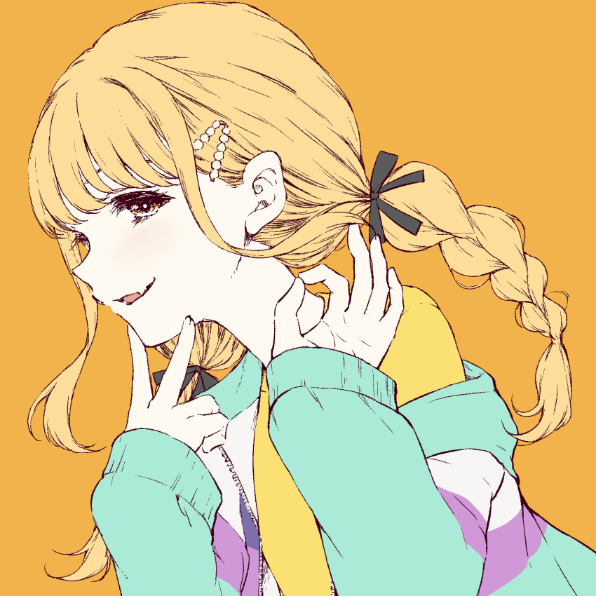 1girl blonde_hair braid fujita_kotone gakuen_idolmaster haruhito_(divineshalt) highres idolmaster jacket long_hair looking_at_viewer ok_sign smile solo twin_braids upper_body v yellow_eyes