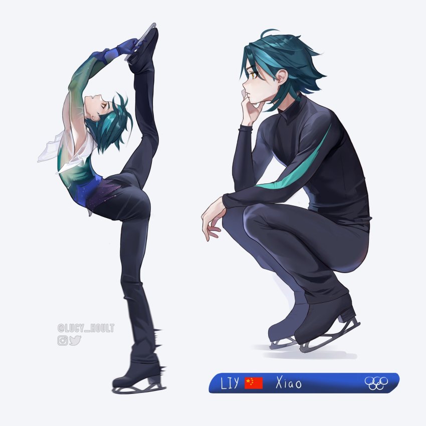 1boy ahoge alternate_costume arched_back arms_up artist_name ass bell-bottoms black_hair black_pants black_shirt blouse character_name clothing_request commentary english_commentary expressionless figure_skating from_side genshin_impact gloves gradient_hair grey_hair hand_on_own_arm hand_on_own_chin hand_up head_rest highres ice_skates instagram_logo kneeling leg_up long_sleeves looking_up lu_luu99 male_focus motion_blur motion_lines multicolored_clothes multicolored_hair multiple_views olympic_rings olympics pants people&#039;s_republic_of_china_flag profile purple_gloves shirt short_hair skates skin_tight standing standing_on_one_leg toned toned_male twitter_logo twitter_username xiao_(genshin_impact) yellow_eyes