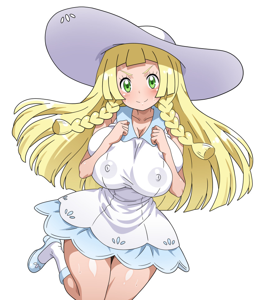1girl absurdres blonde_hair braid breasts collared_dress covered_erect_nipples dress female_focus green_eyes hat highres hitokiwa_kenchin large_breasts lillie_(pokemon) nintendo no_bra pokemon pokemon_sm pokemon_tcg pokemon_tcg_pocket solo sun_hat sundress sweat twin_braids white_dress