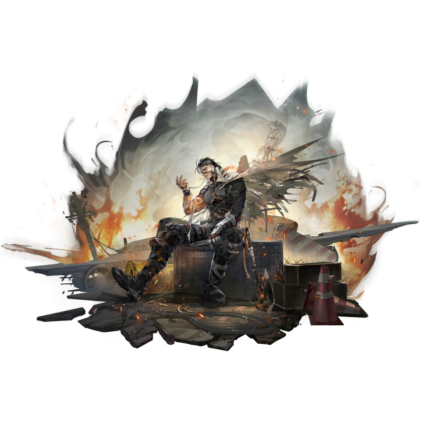 1boy armor artist_request bandaged_arm bandages belt black_hair blue_eyes boots cape chinese_commentary cloak eyepatch facial_hair faux_figurine fire full_body game_cg girls&#039;_frontline girls&#039;_frontline_neural_cloud gloves highres holding holding_knife knife leotard leotard_under_clothes lighter male_focus mature_male mechanical_arms multicolored_hair official_art pants python_(neural_cloud) scar scar_on_face scar_on_nose short_hair single_mechanical_arm solo stubble third-party_source torn_cloak torn_clothes transparent_background white_hair