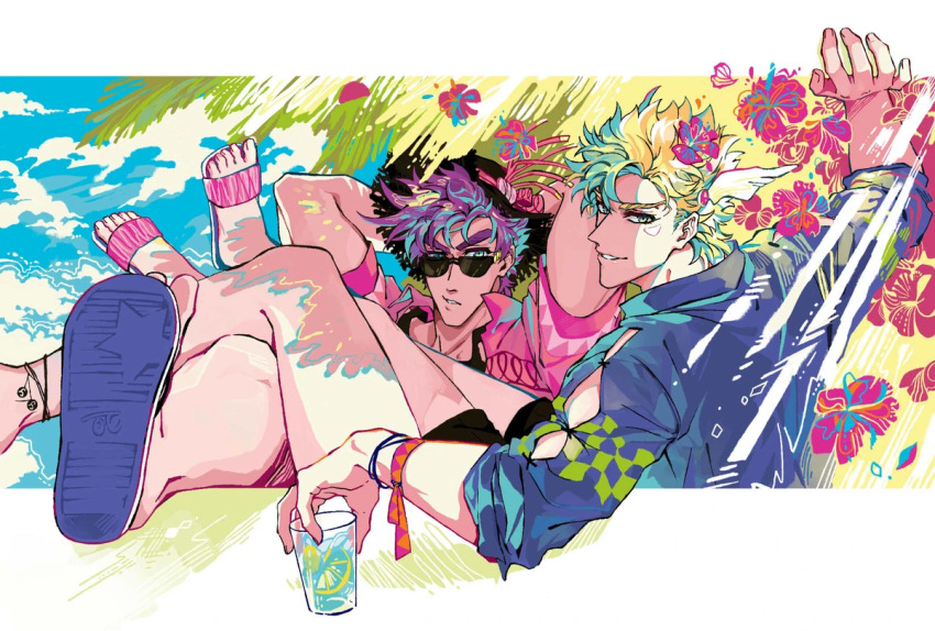 2boys alternate_costume anklet battle_tendency black_shorts black_tank_top bracelet caesar_anthonio_zeppeli clacker colorful cup day drink drinking_glass eyebrows_hidden_by_hair facial_mark feather_hair_ornament flip-flops flower food fourth_wall fruit hair_ornament hat holding holding_cup holding_drink jewelry jojo_no_kimyou_na_bouken joseph_joestar joseph_joestar_(young) crossed_legs legs_on_another&#039;s_lap lemon lemon_slice light_smile looking_at_viewer looking_back looking_over_eyewear male_focus multicolored_eyes multicolored_hair multiple_boys nigelungdayo no_headband sandals shorts sleeves_pushed_up summer sun_hat sunglasses tank_top toes tropical wing_hair_ornament winged_hair_ornament