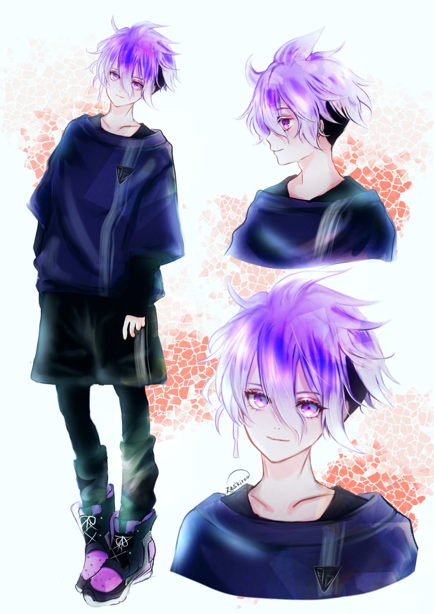 1boy absurdres closed_mouth facing_to_the_side full_body highres long_sleeves looking_at_viewer male_focus minamoto_kiyomaro purple_eyes purple_hair shoes short_hair smile sneakers solo touken_ranbu white_background zasikirou