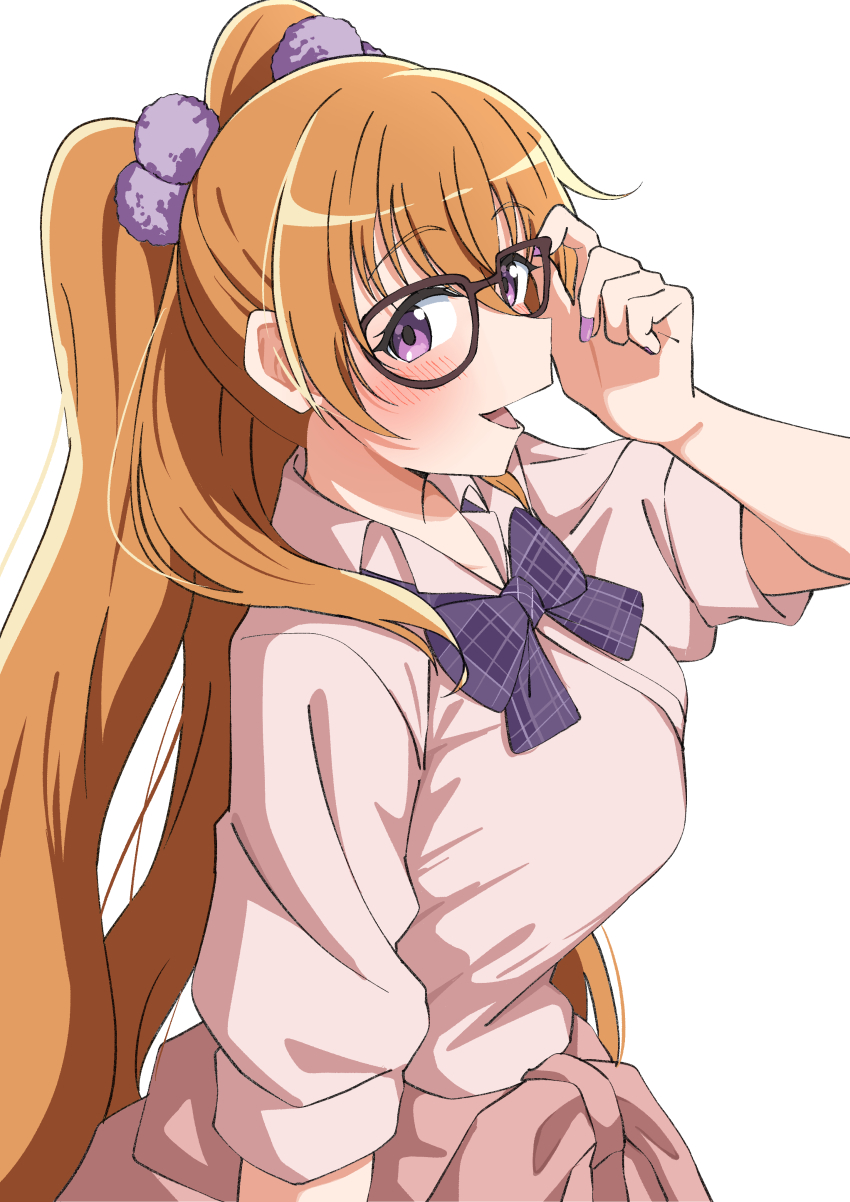 1girl absurdres bow bowtie breasts brown_cardigan brown_hair cardigan cardigan_around_waist clothes_around_waist collarbone collared_shirt commentary dress_shirt glasses gyaru gyarugasaki hair_bobbles hair_ornament highres kogal konoe_kanata large_breasts long_hair looking_at_viewer love_live! love_live!_nijigasaki_high_school_idol_club official_alternate_costume open_mouth pink_shirt plaid_bow plaid_bowtie plaid_clothes purple_bow purple_bowtie purple_eyes school_uniform shirt short_sleeves simple_background solo twintails uchuu_no_mozuku very_long_hair white_background