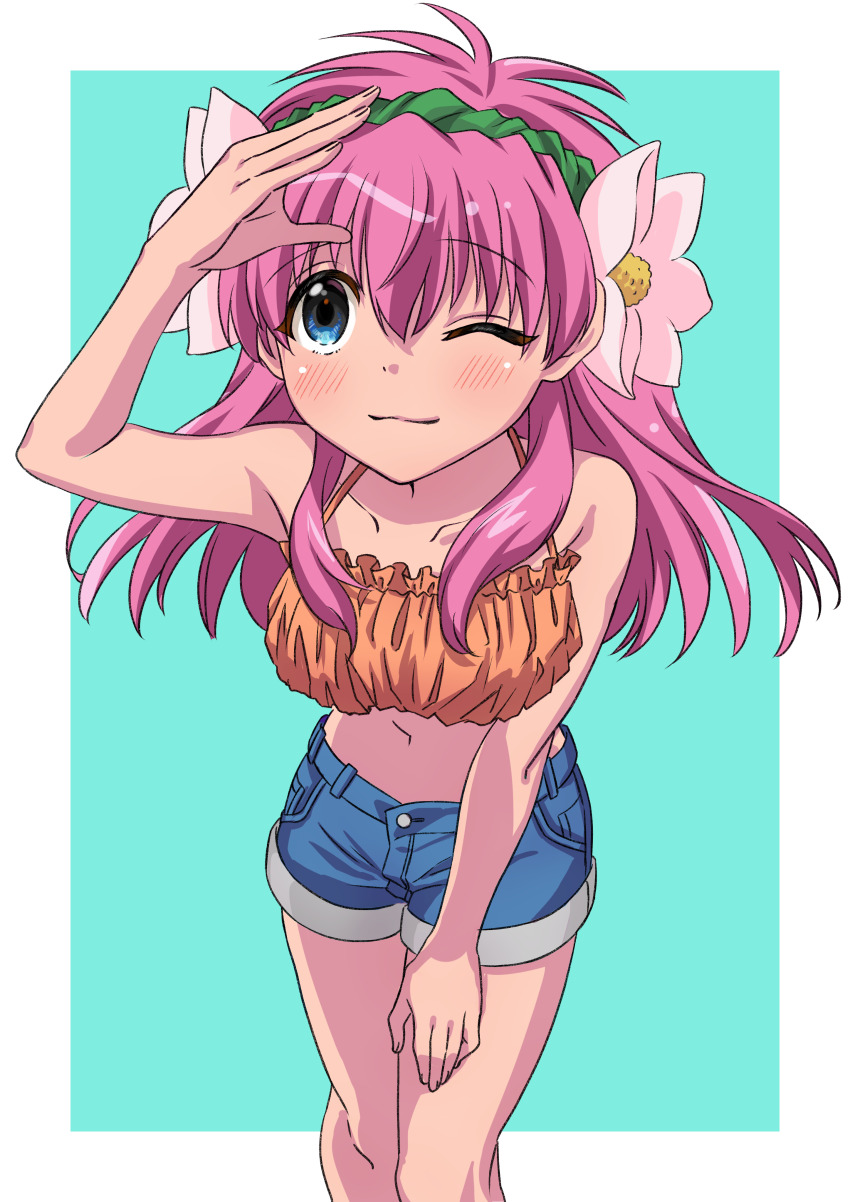 1girl absurdres arm_up bare_shoulders bikini blue_eyes blue_shorts breasts collarbone cowboy_shot denim denim_shorts flower frilled_bikini_top galaxy_angel green_hairband hair_flower hair_ornament hairband highres kitaru long_hair medium_breasts midriff milfeulle_sakuraba navel one_eye_closed orange_bikini pink_hair shorts smile solo standing swimsuit