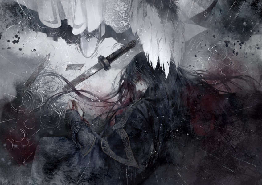 2boys black_hair black_hanfu black_sleeves blood blood_on_clothes blood_on_face blood_on_hands broken broken_sword broken_weapon chinese_clothes corpse death feathers from_above hair_between_eyes hanfu highres jian_wuji jinguang_budaixi long_hair long_sleeves lying male_focus multiple_boys on_stomach out_of_frame parted_lips profile rain ren_piaomiao shoes sleeves_past_wrists solo_focus sword upper_body water_drop weapon white_feathers white_hanfu white_shoes yu_yu_huadiao