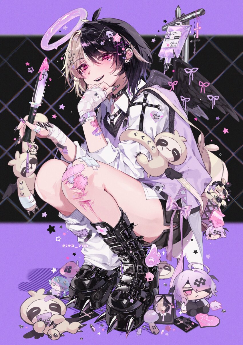 1boy androgynous antenna_hair arm_on_own_leg artist_name asymmetrical_legwear bag bandaged_hand bandages bandaid bandaid_on_arm bandaid_on_knee bandaid_on_leg black_boots black_collar black_hair black_nails black_shorts black_wings blood blood_on_leg bloody_knife boots bow bracelet brown_bag brown_hair buckle character_charm charm_(object) collar collared_shirt commentary cross cross-laced_clothes cross-laced_sweater_vest cross_hair_ornament eita_789 fang feathered_wings fingernails full_body hair_bow hair_intakes hair_ornament halo hand_on_own_chin hands_up highres holding holding_knife holding_stuffed_toy iei iv_stand jewelry knife long_sleeves looking_at_viewer loose_socks medium_hair melting_halo multicolored_hair mushroom nail_polish original pill pink_blood pink_bow pink_ribbon platform_boots platform_footwear purple_background purple_bow purple_halo purple_ribbon purple_sweater_vest ribbon shadow sharp_fingernails shirt short_shorts shorts shoulder_bag side_slit side_slit_shorts simple_background single_loose_sock single_sock socks solo spiked_boots split-color_hair squatting star_(symbol) star_hair_ornament streaked_hair stuffed_animal stuffed_sloth stuffed_toy sweater_vest symbol-only_commentary teeth two-tone_hair upper_teeth_only white_shirt white_socks wings