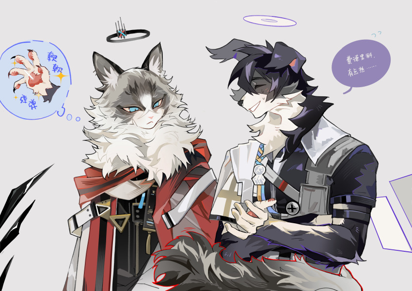 2boys :&lt; :d ^_^ absurdres arknights bbb211ddd belt black_fur black_halo black_jacket black_shirt black_wings blue_eyes capelet cat_boy chinese_commentary chinese_text claws cloak closed_eyes closed_mouth cross cross_print crossed_arms crossed_bangs detached_wings dog_boy executor_(arknights) executor_the_ex_foedere_(arknights) expressionless facing_another flying_sweatdrops furrification furry furry_male grey_background grey_fur hair_between_eyes halo highres image_in_thought_bubble insider_(arknights) jacket light_blush long_sleeves looking_at_hand looking_down looking_to_the_side male_focus multiple_boys nervous_smile open_hand open_mouth pawpads profile ragdoll_(cat) red_cloak shirt short_sleeves shoulder_belt side_cape simple_background smile sparkle speech_bubble sweatdrop tail tail_around_another&#039;s_waist tail_wrap thought_bubble translation_request upper_body white_belt white_capelet white_fur white_halo wings