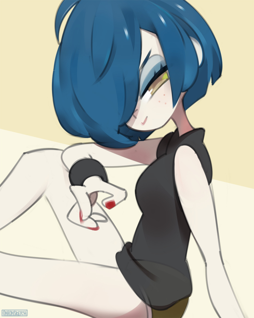 1girl bare_arms bare_legs bare_shoulders black_tank_top blue_hair cartoon_network ed_edd_n_eddy fingernails highres marie_kanker one_eye_covered onionsketch shorts simple_background solo tank_top toon_(style) wristband yellow_eyes