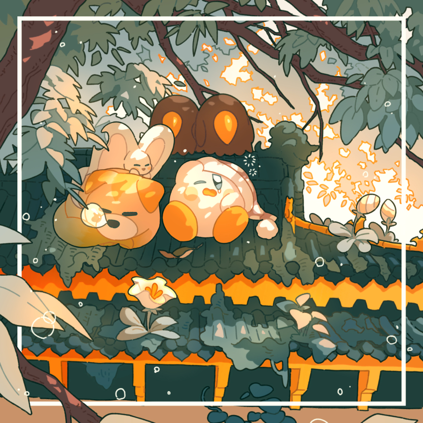 absurdres awoofy bird bloom blue_eyes blush blush_stickers branch building clocker closed_eyes copy_ability dappled_sunlight day elfilin flower glef_life hat highres kirby kirby_(series) leaf lying moss nightcap nintendo no_humans nose_bubble notched_ear on_back on_roof one_eye_closed open_mouth outdoors polka_dot polka_dot_headwear pom_pom_(clothes) purple_hat sitting sitting_on_roof sleep_kirby sleeping squeans sunlight tearing_up tree waking_up white_flower