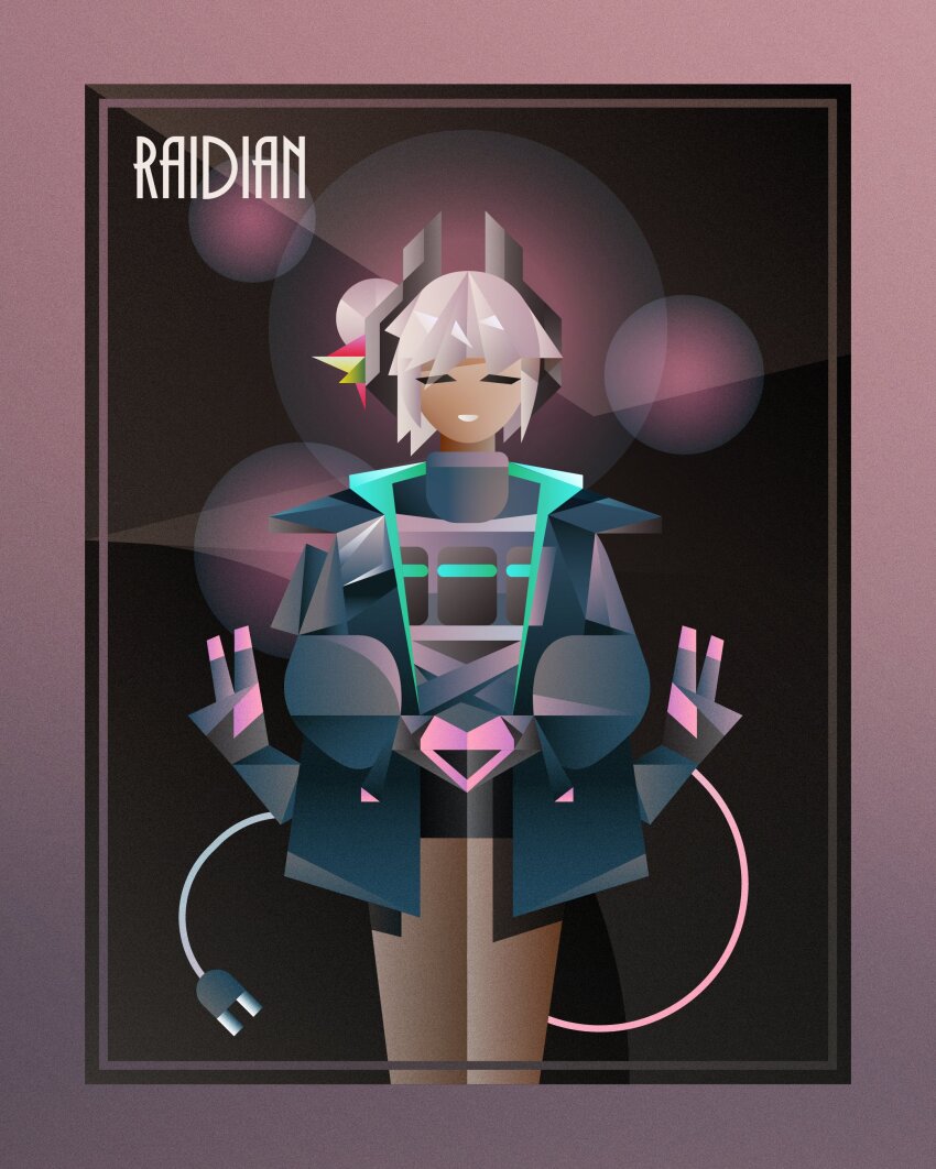1girl absurdres arknights art_deco black_skirt blue_jacket brown_pantyhose character_name commentary cowboy_shot dark-skinned_female dark_skin double_v electric_plug electric_plug_tail english_commentary extra_hands facing_viewer film_grain grey_hair highres inset_border jacket miniskirt nikov own_hands_together pantyhose raidian_(arknights) short_hair skirt smile solo straight-on tail v