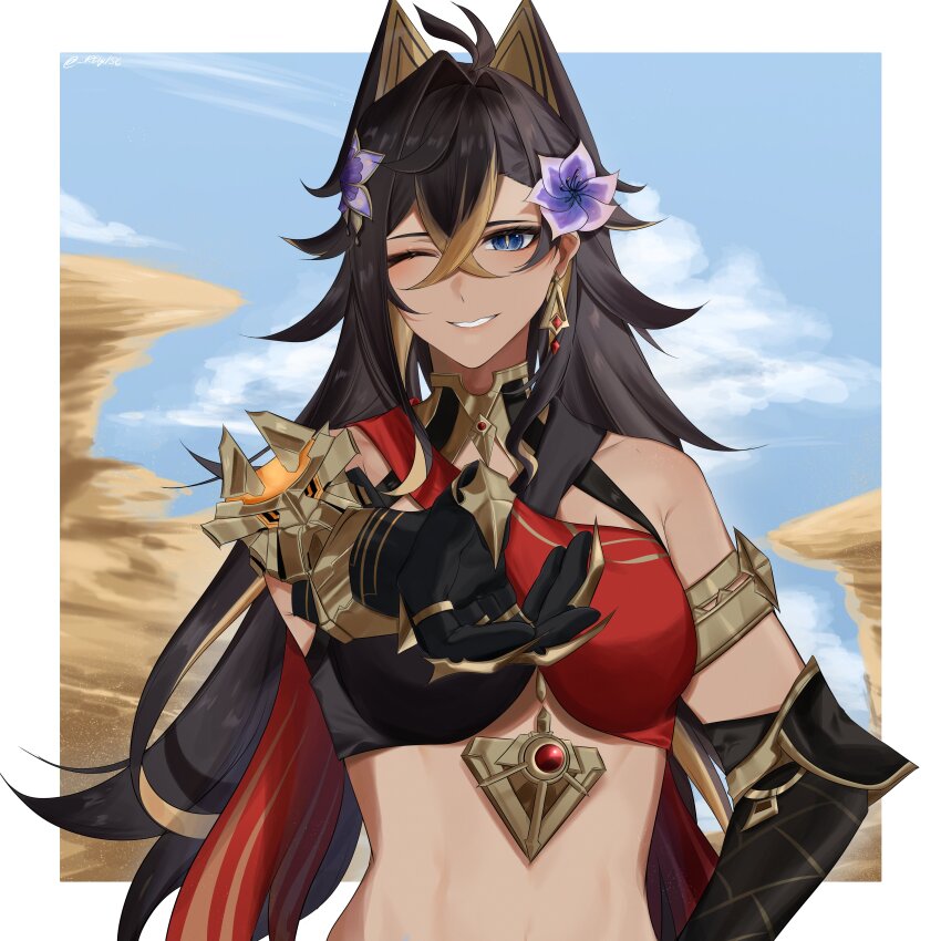 1girl 4reiji absurdres arm_armor armlet armor armpit_crease bandeau bare_shoulders black_bandeau black_gloves black_hair blonde_hair blonde_streaks blue_eyes blue_sky blush border breasts commentary crossed_bangs dark-skinned_female dark_skin dehya_(genshin_impact) earrings elbow_gloves english_commentary flower flower_hairpin gem genshin_impact gloves gold_trim hair_between_eyes hair_ears hand_on_own_hip highres jewelry long_hair looking_at_viewer medium_breasts multicolored_bandeau one_eye_closed outdoors parted_lips purple_flower reaching reaching_towards_viewer red_bandeau red_gemstone shoulder_armor single_earring sky slit_pupils smile solo stomach teeth triangle_earrings twitter_username upper_body usekh_collar white_border yellow_pupils