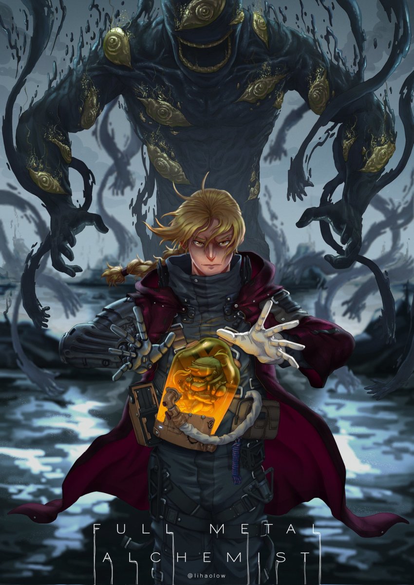 1boy 2others ahoge alphonse_elric armor automail blonde_hair braid brothers cloak closed_mouth coat dark_background death_stranding disembodied_hand edward_elric english_text extra_eyes floating full_armor fullmetal_alchemist gloves highres homunculus lihaolow long_hair male_focus mechanical_arms monster multiple_boys multiple_others open_mouth ponytail red_cloak siblings signature single_mechanical_arm wetland yellow_eyes
