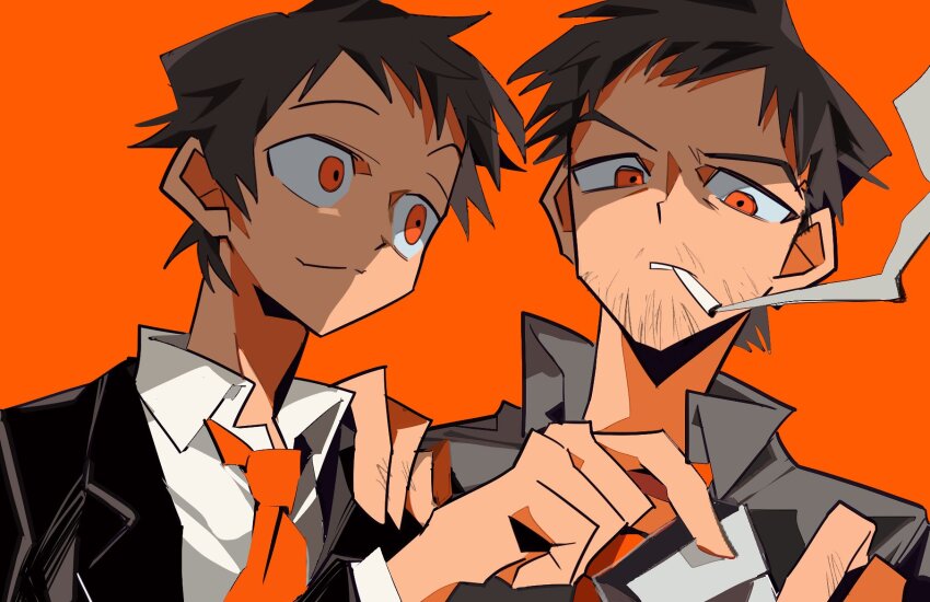 2boys adachi_tooru beard business_suit cigarette cigarette_pack doujima_ryoutarou facial_hair formal_clothes highres looking_at_another looking_at_viewer male_focus multiple_boys orange_background orange_eyes persona persona_4 smoking ssz_bb suit