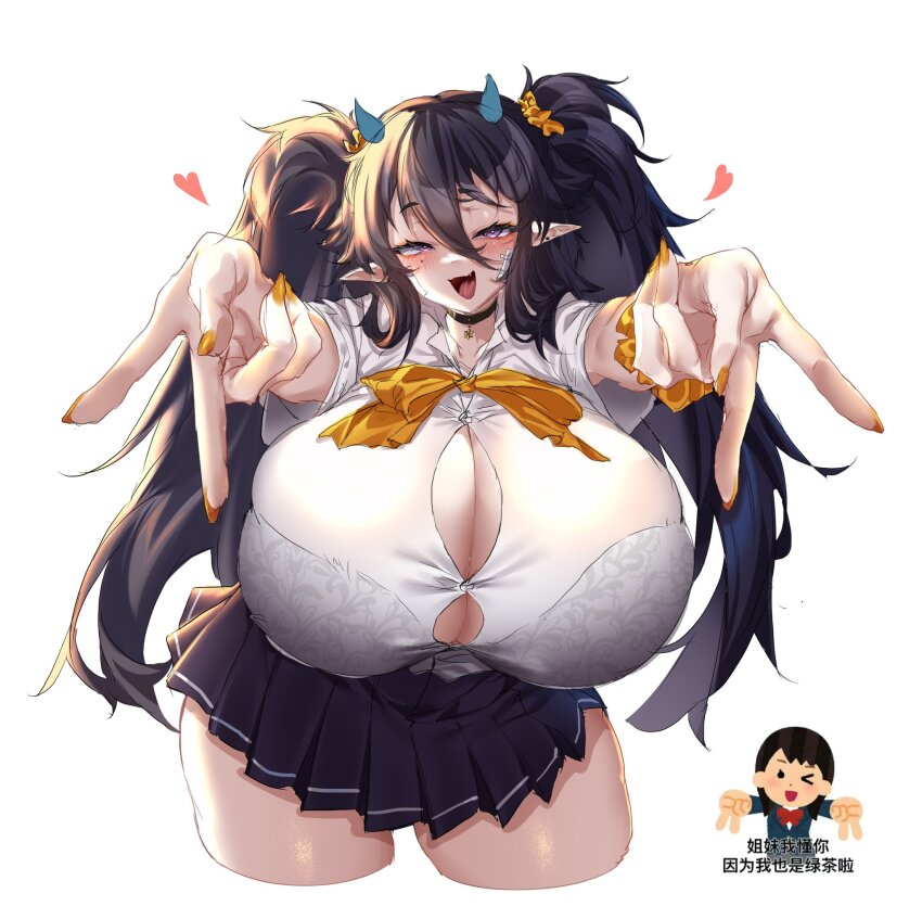 1girl ahoge bandage_on_cheek black_hair bra_visible_through_clothes breasts cropped_legs double_v gigantic_breasts gyaru hair_ornament haitai_(haitai_umita) haitai_umita heart highres horns indie_virtual_youtuber irasutoya irasutoya_challenge official_alternate_costume open_mouth pleated_skirt pointy_ears purple_eyes scrunchie shirt simple_background skirt smile solo twintails v virtual_youtuber white_shirt wrist_scrunchie yellow_nails