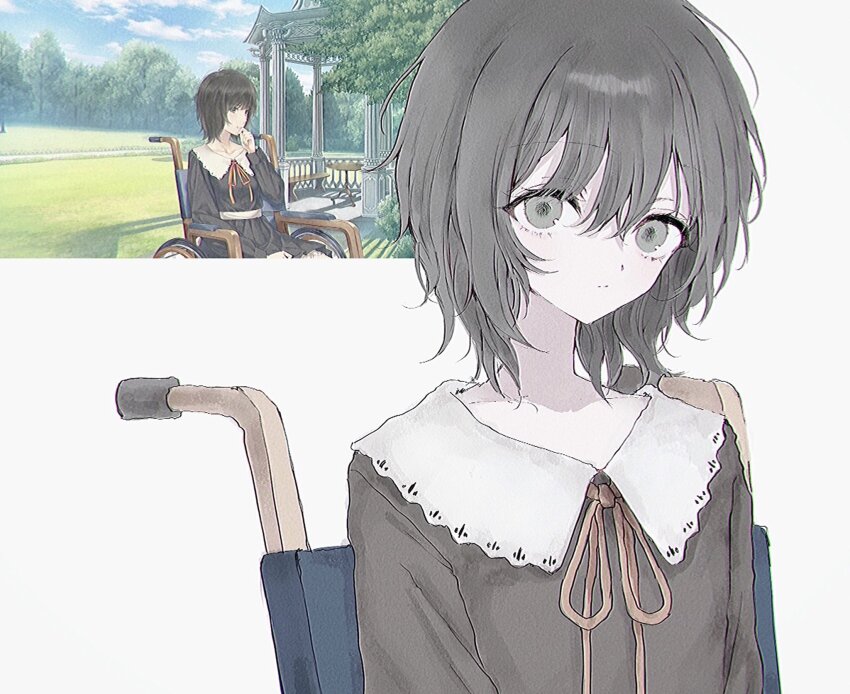 1girl black_dress black_hair closed_mouth collared_dress dress expressionless flowers_(innocent_grey) game_screenshot_inset green_eyes hair_between_eyes highres long_sleeves looking_at_viewer red_ribbon ribbon short_hair simple_background solo wheelchair white_background yaegaki_erika yuyuyuyhz