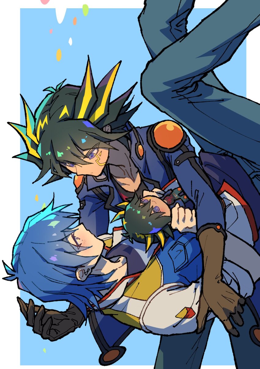 2boys black_hair black_shirt blonde_hair blue_background blue_hair blue_jacket blue_pants border brown_gloves bruno_(yu-gi-oh!) cowboy_shot fudo_yusei gloves highres jacket male_focus medium_hair multicolored_hair multiple_boys pants purple_eyes shirt simple_background spiked_hair stuffed_toy two-tone_hair white_border white_jacket youko-shima yu-gi-oh! yu-gi-oh!_5d&#039;s