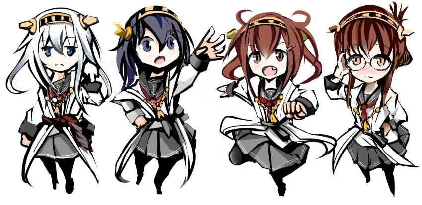 4girls adjusting_eyewear akatsuki_(kancolle) ba_yase bare_shoulders blue_eyes blue_hair brown_eyes brown_hair comic cosplay detached_sleeves folded_ponytail glasses hair_ornament hairband haruna_(kancolle) haruna_(kancolle)_(cosplay) hibiki_(kancolle) hiei_(kancolle) hiei_(kancolle)_(cosplay) highres ikazuchi_(kancolle) inazuma_(kancolle) japanese_clothes kantai_collection kirishima_(kancolle) kirishima_(kancolle)_(cosplay) kongou_(kancolle) kongou_(kancolle)_(cosplay) kotoritoripyo_(longdestiny102) long_hair multiple_girls open_mouth personification short_hair silver_hair simple_background skirt smile white_background
