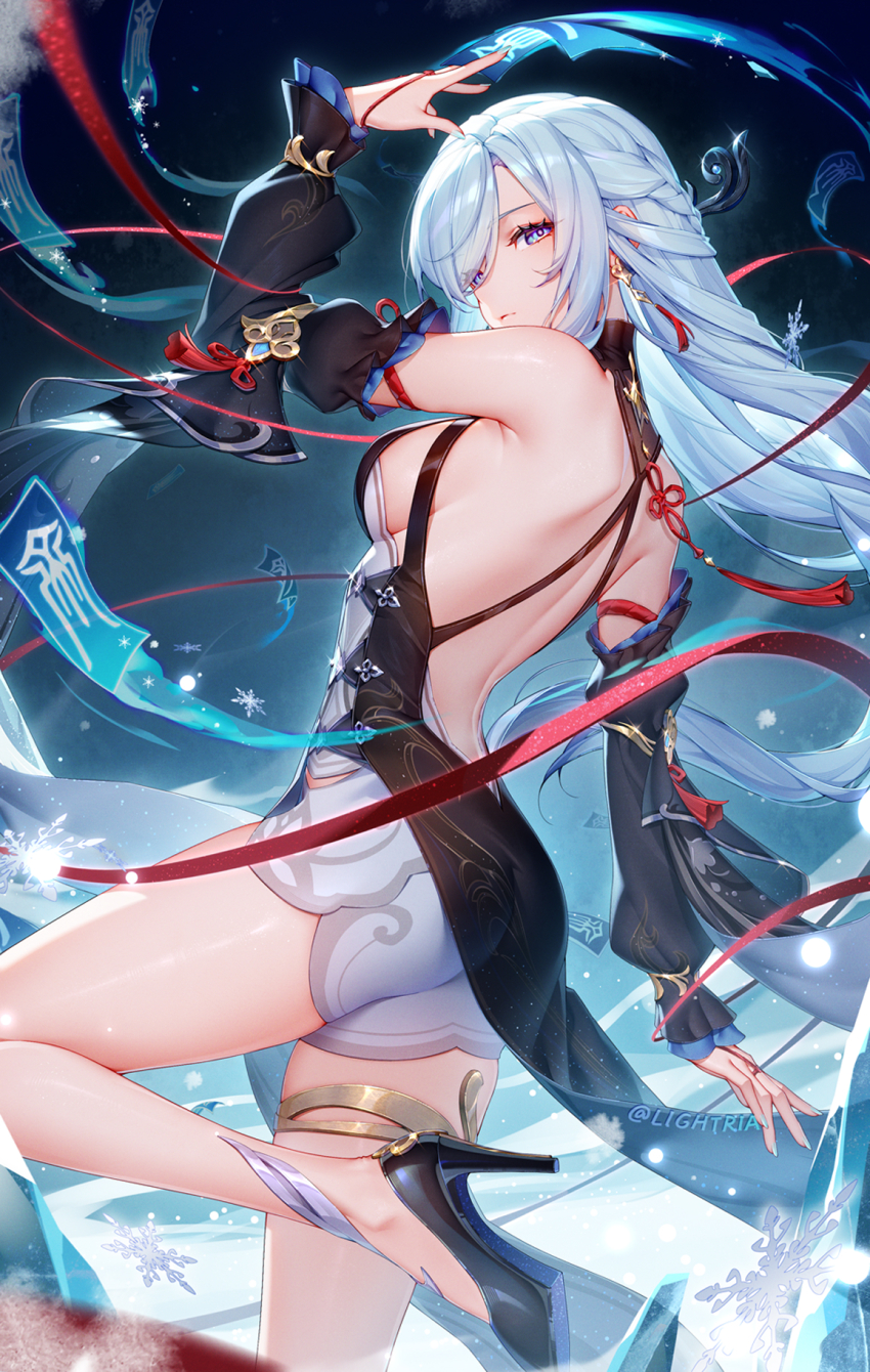1girl arm_up artist_name ass backless_dress backless_outfit bare_legs bare_shoulders black_dress black_shoes blue_eyes breasts detached_sleeves dress earrings genshin_impact high_heels highres jewelry lightria long_hair long_sleeves looking_at_viewer medium_breasts official_alternate_costume ofuda shenhe_(frostflower_dew)_(genshin_impact) shenhe_(genshin_impact) shoes sideboob solo thighs white_hair