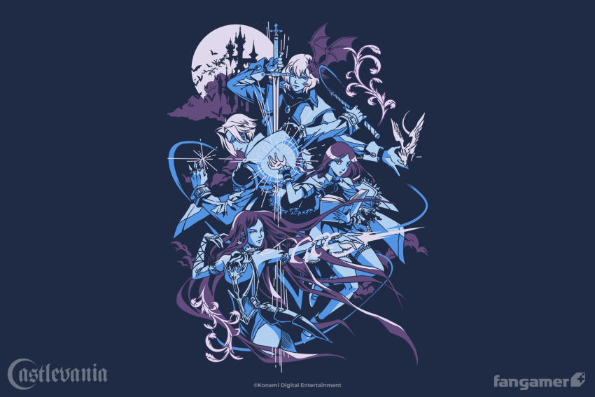 2boys 2girls bat_(animal) blue_background book capelet castle castlevania:_dawn_of_sorrow castlevania:_order_of_ecclesia castlevania:_portrait_of_ruin castlevania_(series) charlotte_aulin copyright_name dress glowing glowing_hand highres holding holding_book holding_sword holding_weapon holding_whip jacket jewelry jonathan_morris knife long_hair monochrome multiple_boys multiple_girls necklace nina_matsumoto second-party_source shanoa_(castlevania) simple_background skirt soma_cruz sword thighhighs throwing_knife weapon whip