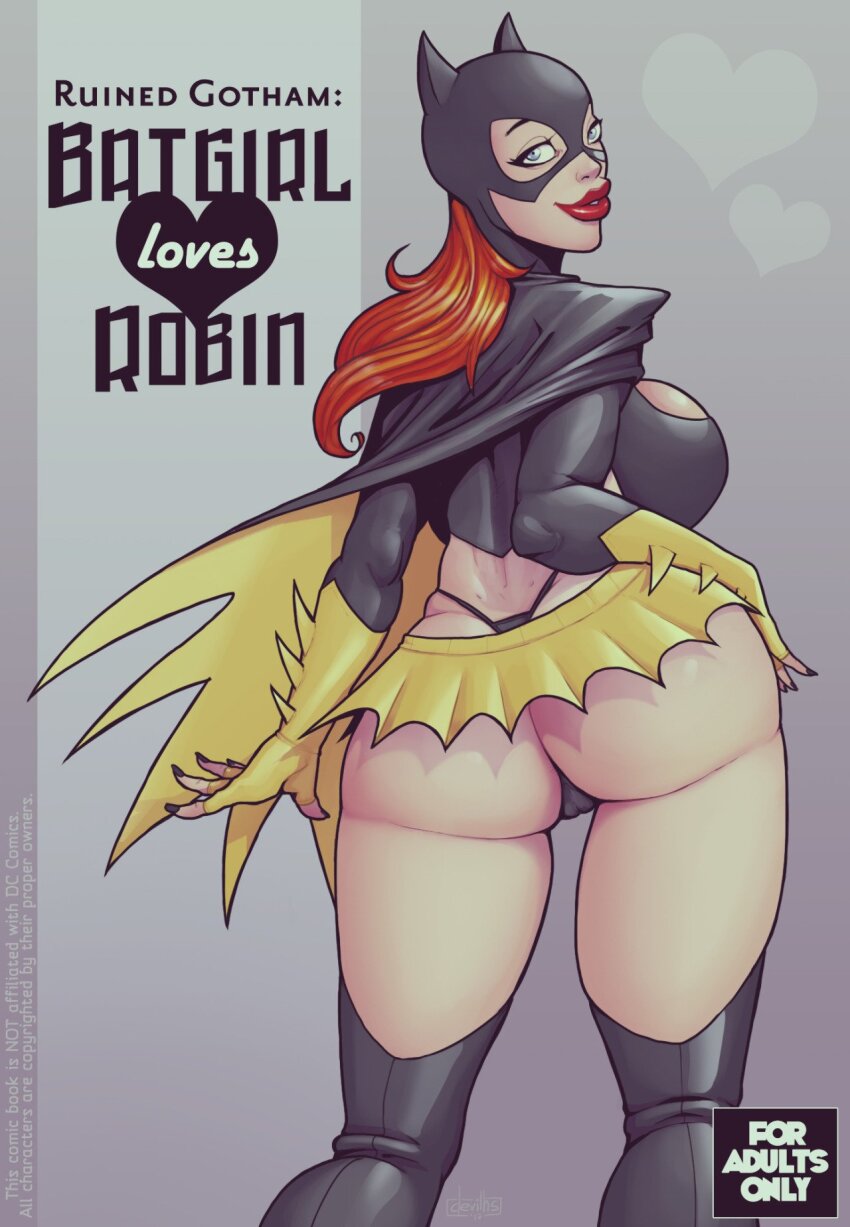 1girl ass barbara_gordon batgirl batman_(series) black_cape black_panties blue_eyes breasts cape cleavage dc_comics devilhs english_text fingerless_gloves gloves highres huge_breasts long_hair looking_at_viewer looking_back microskirt orange_hair panties red_lips skirt solo thong two-sided_cape two-sided_fabric underwear whale_tail_(clothing) yellow_cape yellow_gloves yellow_skirt