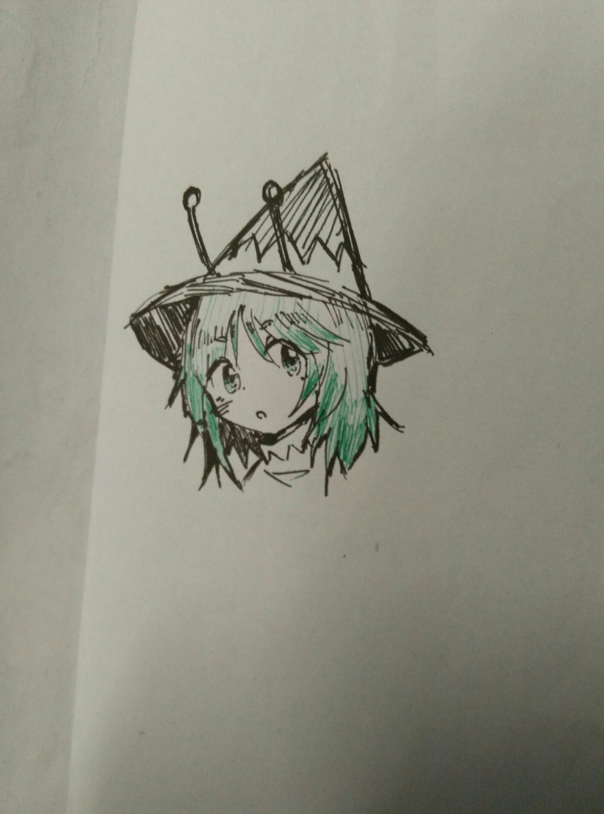 1other absurdres amanomori_shou androgynous antennae chinese_commentary commentary_request cropped_shoulders dot_nose green_eyes green_hair greyscale hat highres len&#039;en light_blush long_hair looking_at_viewer monochrome open_mouth other_focus photoshop_(medium) shirt solo spot_color traditional_media turtleneck turtleneck_shirt zhaozhaozhaozhaozhao083