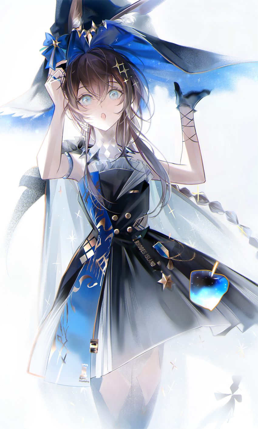 1girl adjusting_clothes adjusting_headwear ambience_synesthesia amiya_(arknights) amiya_(medic)_(arknights) amiya_(medic)_(solo_around_the_world)_(arknights) animal_ear_fluff animal_ears arknights black_dress black_gloves black_hat blue_bow blue_eyes bow braid brown_hair dress ears_through_headwear frilled_dress frills gloves hair_between_eyes hair_ornament hands_up hat hat_bow highres jewelry long_hair looking_at_viewer multiple_rings official_alternate_costume open_mouth rabbit_ears rabbit_girl ring sanse_(sssei_33) simple_background single_glove solo star_(symbol) star_hair_ornament two-sided_fabric two-sided_headwear white_background witch_hat