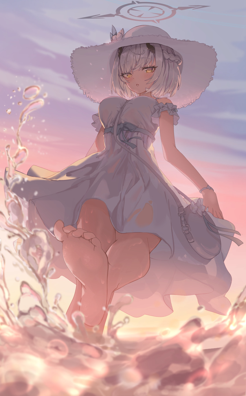 1girl absurdres bad_anatomy bare_shoulders barefoot blue_archive blue_ribbon blush braid dawn demon_girl demon_horns dress from_below grey_halo hair_between_eyes halo hat highres horns in_water long_hair looking_at_viewer nekoplanetouo official_alternate_costume parted_lips ribbon sena_(blue_archive) sena_(casual)_(blue_archive) short_hair sidelocks skirt_hold soles solo sun_hat sundress water white_dress white_hair white_hat yellow_eyes