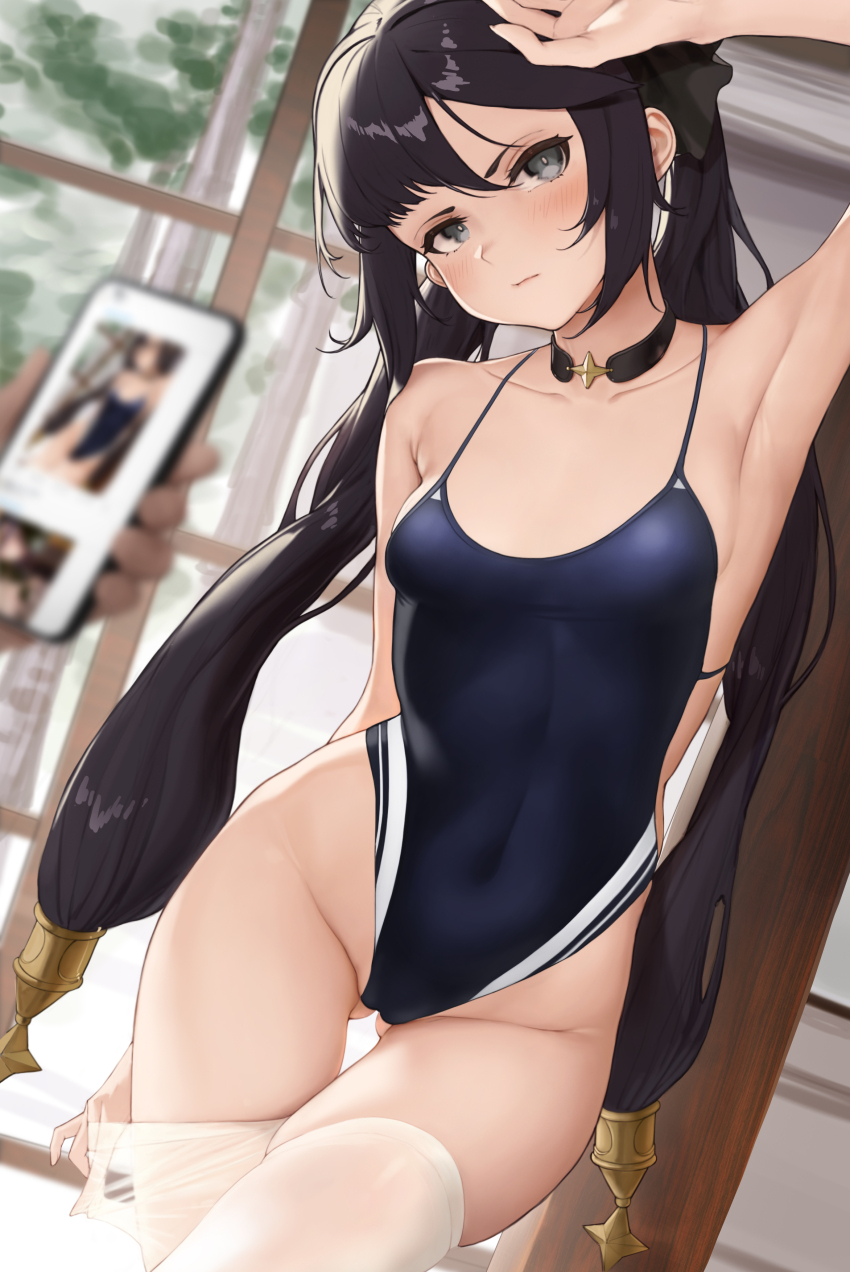 1girl absurdres alternate_costume arm_over_head arm_up armpits bare_shoulders black_hair blue_one-piece_swimsuit breasts choker collarbone covered_navel genshin_impact gluteal_fold green_eyes groin hair_ornament hand_in_thighhighs hand_on_own_thigh hand_under_clothes head_tilt highleg highleg_one-piece_swimsuit highres l_ract long_hair looking_at_viewer mona_(genshin_impact) one-piece_swimsuit sideless_outfit small_breasts solo spaghetti_strap standing star_(symbol) star_hair_ornament swimsuit thighhighs thighs twintails white_thighhighs