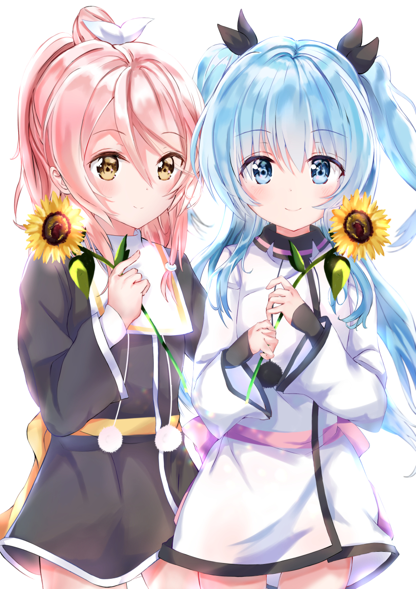 absurdres black_dress blue_eyes blue_hair carol_(sora_no_method) dress flower highres maddo_(gasser_0518) noel_(sora_no_method) pink_eyes pink_hair smile sora_no_method sunflower white_background white_dress