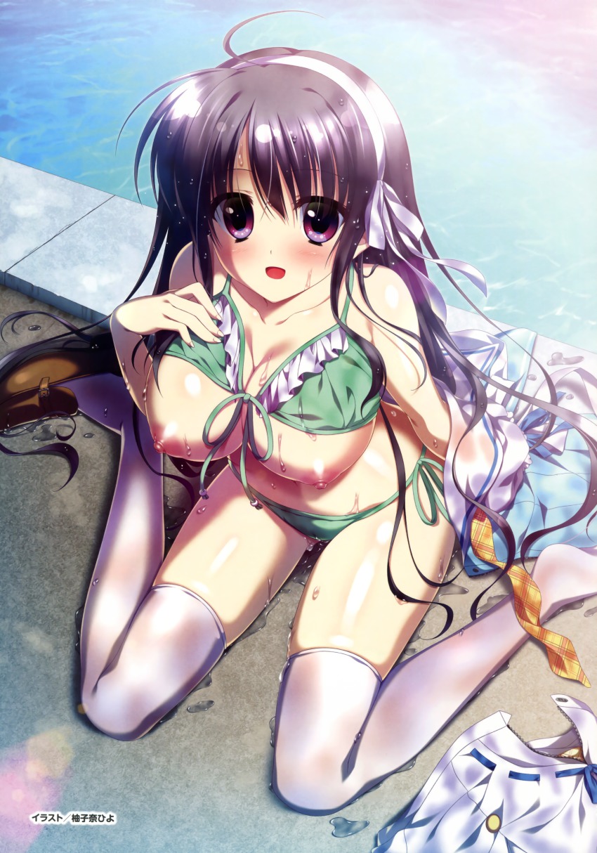 1girl :d absurdres bikini bikini_top_lift blush breasts clothes_lift front-tie_bikini_top front-tie_top green_bikini hair_ribbon highres himeno_towa large_breasts nipples open_mouth pink_eyes poolside purple_hair ribbon school_uniform shirt unworn_shirt side-tie_bikini_bottom sitting skirt unworn_skirt smile soreyori_no_prologue swimsuit thighhighs wariza wet wet_clothes wet_shirt wet_skirt white_thighhighs yuzuna_hiyo