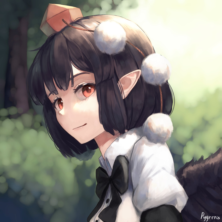 1girl artist_name black_hair black_ribbon black_wings bow bowtie closed_mouth collar hat highres looking_at_viewer neck_ribbon pointy_ears pom_pom_(clothes) puffy_sleeves pygrenix red_eyes red_hat ribbon shameimaru_aya shirt smile solo tokin_hat touhou tree upper_body white_collar white_shirt wings