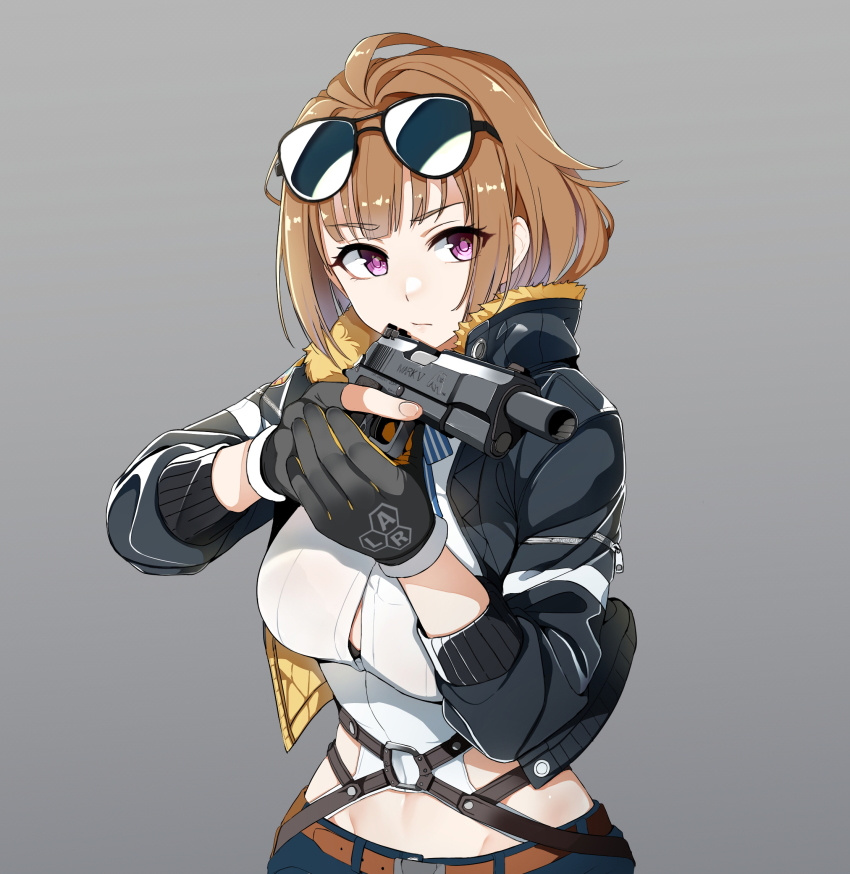 1girl aviator_sunglasses black_jacket blue_bow blue_bowtie bow bowtie breasts brown_hair closed_mouth dickbomber eyewear_on_head girls&#039;_frontline gloves grey_background grizzly_mkv_(girls&#039;_frontline) gun handgun high_collar highres holding holding_gun holding_weapon jacket l.a.r._manufacturing lar_grizzly_win_mag large_breasts midriff pistol purple_eyes shirt short_hair shorts simple_background solo sunglasses upper_body weapon white_shirt
