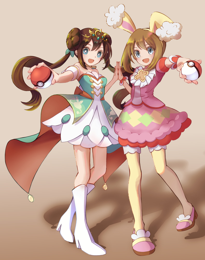 2girls :d absurdres animal_ears bare_shoulders blue_eyes brown_hair double_bun dress fake_animal_ears full_body hair_bun hand_on_another&#039;s_hand highres holding holding_poke_ball looking_at_viewer may_(pokemon) may_(spring_2021)_(pokemon) multiple_girls nintendo open_mouth palms_together pantyhose pink_dress pink_shoes poke_ball poke_ball_(basic) pokemon pokemon_masters_ex puffy_short_sleeves puffy_sleeves rabbit_ears rosa_(champion)_(pokemon) rosa_(pokemon) shoes short_sleeves smile tiara twintails white_dress white_footwear yellow_pantyhose yurika_(poire087)