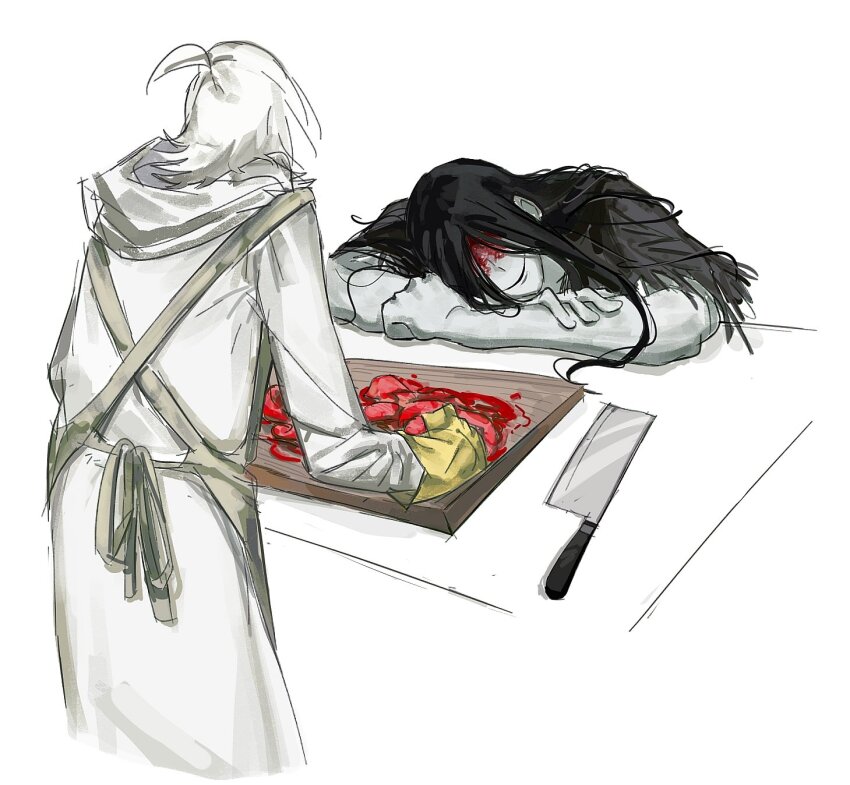 1boy 1girl apron black_hair black_kimono blood blood_on_face cannibalism chinese_commentary commentary_request cutting_board flesh gloves heroine_(homicipher) highres homicipher japanese_clothes kimono kitchen_knife long_hair mr._crawling raincoat rubber_gloves short_hair simple_background table white_background white_hair white_raincoat yangyi63472