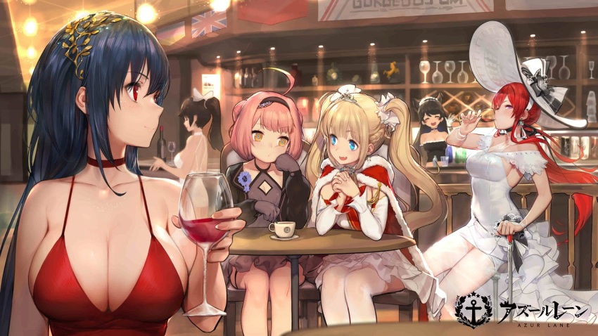 6+girls ahoge alcohol amazon_(azur_lane) animal_ears atago_(azur_lane) azur_lane bare_legs bare_shoulders black_dress black_gloves black_hair blonde_hair blue_eyes blush bonet bow breasts bridal_gauntlets choker cleavage closed_eyes closed_mouth cocktail_dress cup dress drinking drinking_glass earrings fang gloves gorgeous_mushroom hair_between_eyes hair_flaps hair_ornament hair_ribbon halterneck hat hat_bow headband jewelry large_breasts long_hair looking_at_viewer low_ponytail maid_headdress monarch_(azur_lane) multiple_girls official_art open_mouth pink_hair ponytail red_choker red_dress red_eyes red_hair ribbon sidelocks sitting smile star_(symbol) star_earrings sun_hat taihou_(azur_lane) taihou_(forbidden_fruit)_(azur_lane) takao_(azur_lane) thighhighs thighlet twintails u-81_(azur_lane) white_bow white_dress white_legwear wine wine_glass yellow_eyes