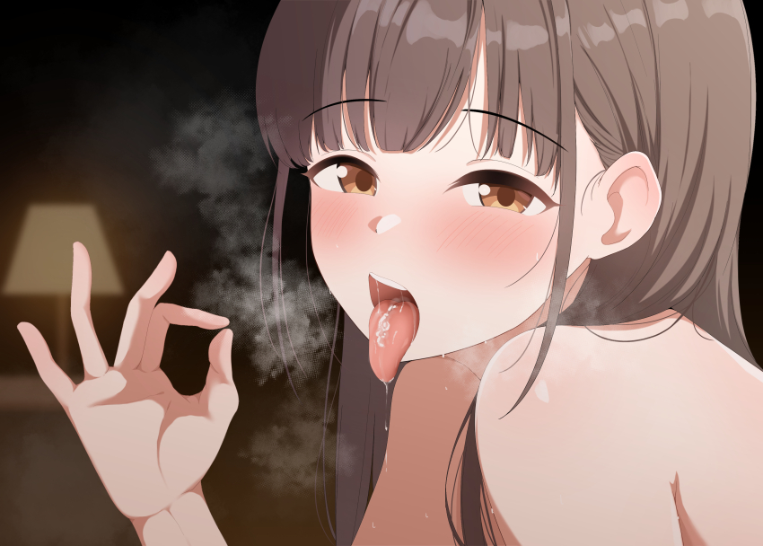 1girl absurdres after_fellatio blurry blurry_background blush brown_eyes brown_hair cum cum_in_mouth cum_on_tongue dark_room fellatio_gesture from_side hair_behind_ear half-closed_eyes hand_up highres idolmaster idolmaster_shiny_colors lamp long_hair looking_at_viewer looking_to_the_side mithrilrim nude open_mouth saliva sidelocks solo sonoda_chiyoko steam straight_hair sweat teeth tongue tongue_out upper_body upper_teeth_only