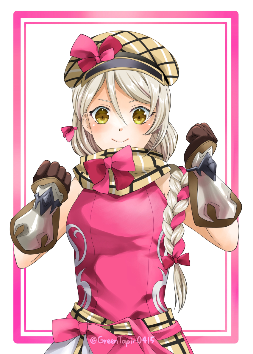 1girl absurdres beret border bow brown_hat brown_scarf commentary_request dress fire_emblem fire_emblem_engage framme_(fire_emblem) hat highres midori_no_baku nintendo pink_border pink_bow pink_dress scarf sleeveless sleeveless_dress smile solo upper_body white_background yellow_eyes
