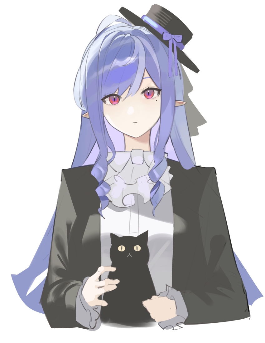 absurdres alternate_costume animal black_hat black_jacket black_suit blue_hair bow bowtie cat chinese_commentary commentary_request drill_hair drill_sidelocks e-razor expressionless formal_clothes frilled_shirt_collar frilled_sleeves frills hat hat_ribbon highres holding holding_animal holding_cat jacket long_hair long_sidelocks long_sleeves looking_at_viewer mini_hat mole mole_under_eye pointy_ears purple_ribbon red_eyes ribbon shirt sidelocks simple_background suit upper_body vivian_banshee white_background white_bow white_bowtie white_shirt zenless_zone_zero
