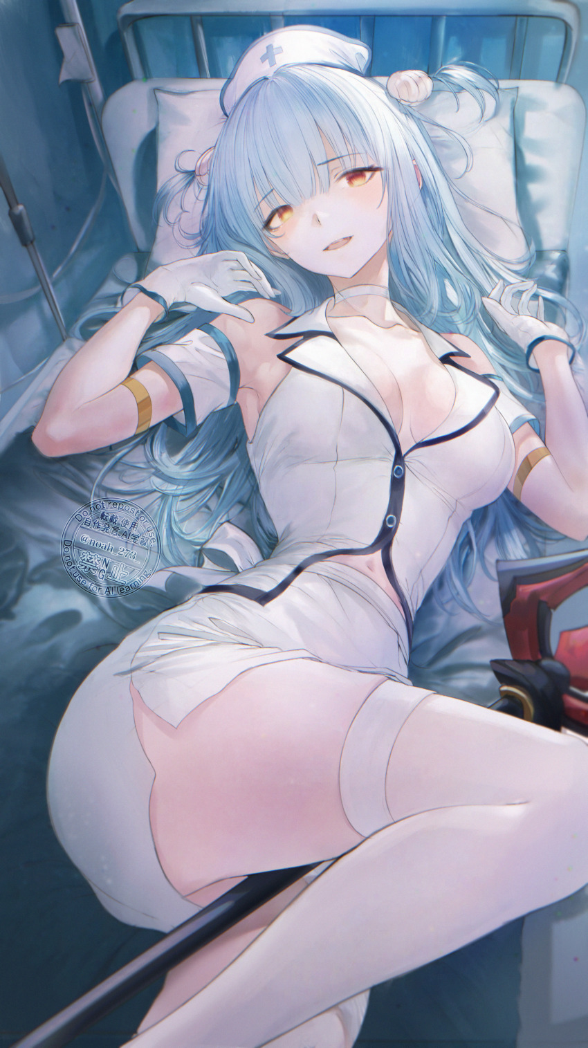 1girl absurdres alternate_costume armband azur_lane bed blue_hair breasts clam_shell cleavage gloves hat highres hospital_bed long_hair lying navel_peek neptune_(azur_lane) nurse nurse_cap on_back polearm renoahh shell_hair_ornament shirt skirt sleeveless sleeveless_shirt solo thighhighs trident two_side_up weapon white_gloves white_shirt white_skirt white_thighhighs yellow_eyes